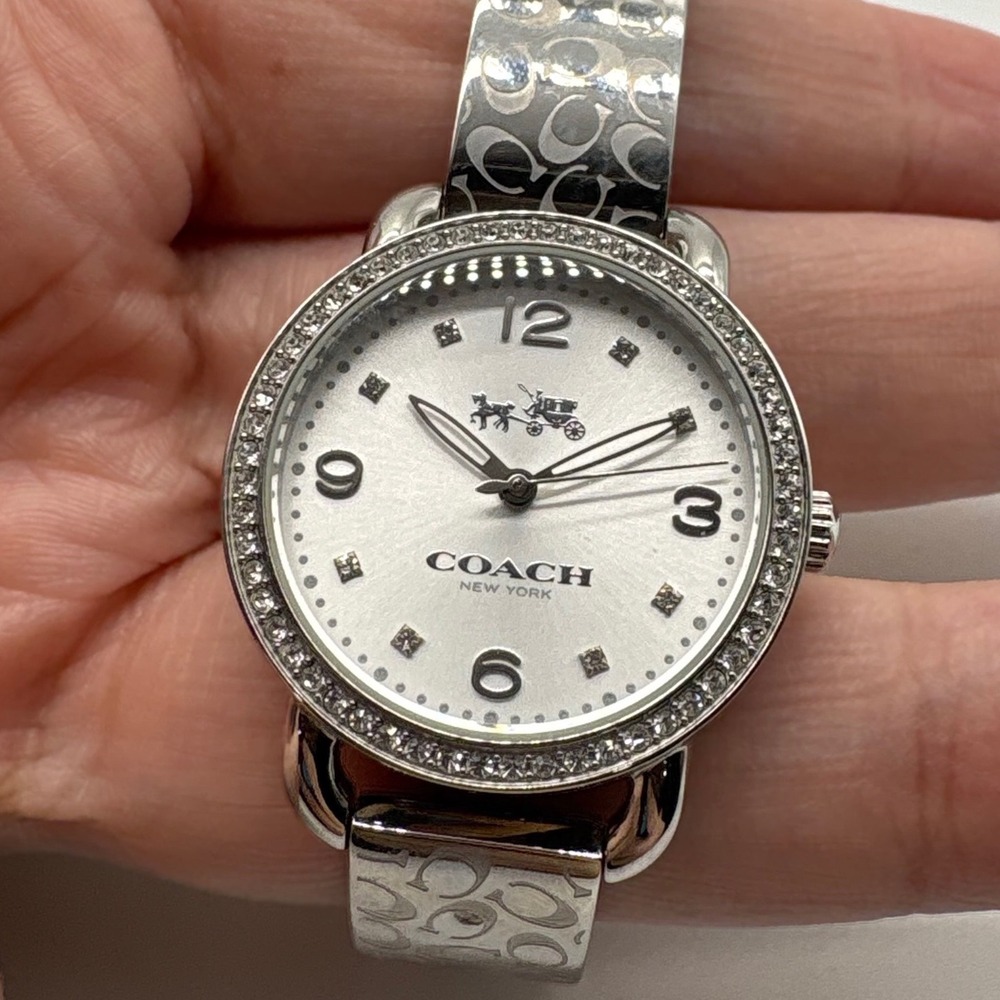 Coach Silver Tone Signature C Bangle Watch CA.Crystal Bezel Needs Battery